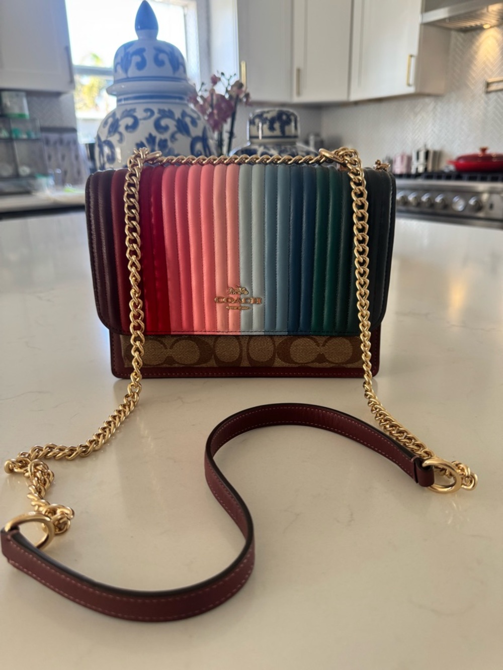 Coach Quilted Rainbow Stripe Crossbody Bag - Pink, Red, Blue, Green, Black
